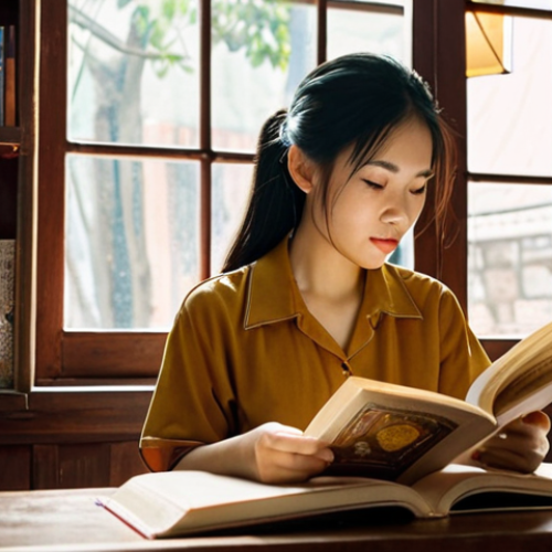 Home 14 **A young Vietnamese woman sitting in a cozy coffee shop, reading a book of poetry. Soft, natural light filters through the window, illuminating the pages and highlighting her focused expression. Bookshelves filled with Vietnamese literature line the walls in the background.**