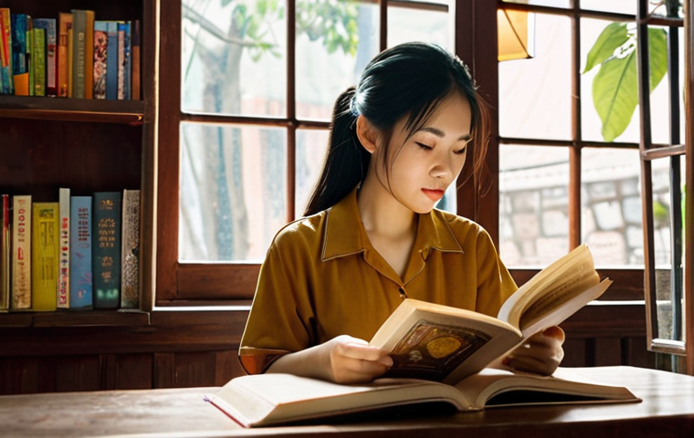 **A young Vietnamese woman sitting in a cozy coffee shop, reading a book of poetry. Soft, natural light filters through the window, illuminating the pages and highlighting her focused expression. Bookshelves filled with Vietnamese literature line the walls in the background.**