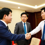 A professional, diverse individual (e.g., a Caucasian or Asian person, not specifically Korean as per localization guidelines) stands confidently, perhaps shaking hands or presenting to a group of Vietnamese business partners in a modern, well-lit meeting room in Ho Chi Minh City. The atmosphere is collaborative and successful. Subtle visual cues like abstract "keys" or "unlocked doors" are integrated into the background, symbolizing new opportunities and deep connections forged through sophisticated communication. The lighting highlights their expressive yet professional demeanor, emphasizing the power of refined vocabulary in making a strong first impression and building trust in a dynamic Vietnamese business environment.