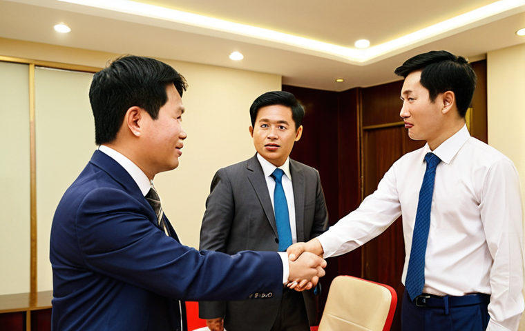 A professional, diverse individual (e.g., a Caucasian or Asian person, not specifically Korean as per localization guidelines) stands confidently, perhaps shaking hands or presenting to a group of Vietnamese business partners in a modern, well-lit meeting room in Ho Chi Minh City. The atmosphere is collaborative and successful. Subtle visual cues like abstract "keys" or "unlocked doors" are integrated into the background, symbolizing new opportunities and deep connections forged through sophisticated communication. The lighting highlights their expressive yet professional demeanor, emphasizing the power of refined vocabulary in making a strong first impression and building trust in a dynamic Vietnamese business environment.