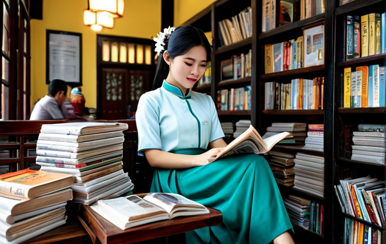 Immersive Reading Experience**

"A young woman in a modest Ao Dai, sitting comfortably in a traditional Vietnamese coffee shop, surrounded by stacks of Vietnamese books and newspapers, fully clothed, appropriate attire, safe for work, perfect anatomy, natural proportions, professional photography, soft lighting, family-friendly"

**