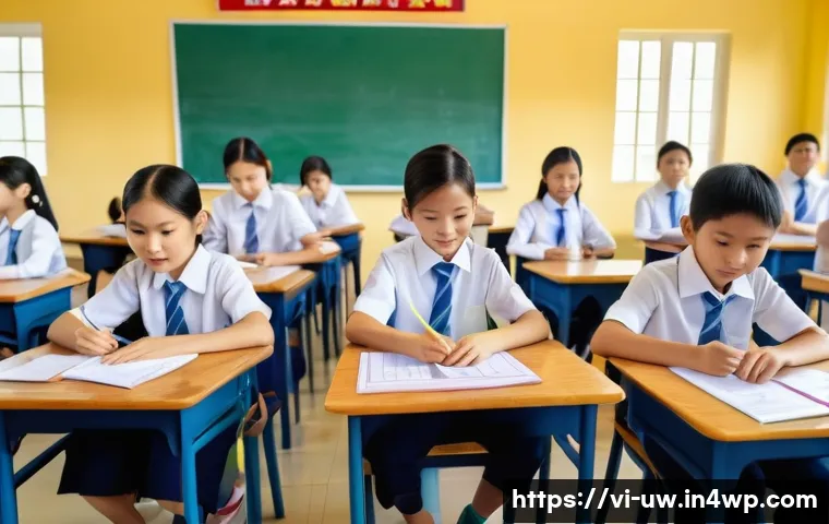 어휘력 개발의 필요성과 효과 - A vibrant Vietnamese classroom scene where diverse students actively engage in learning new vocabula...