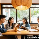 Home 20 어휘력 발전을 위한 그룹 토론 기법 - A diverse group of Vietnamese young adults sitting around a wooden table in a cozy cafe, engaging in...