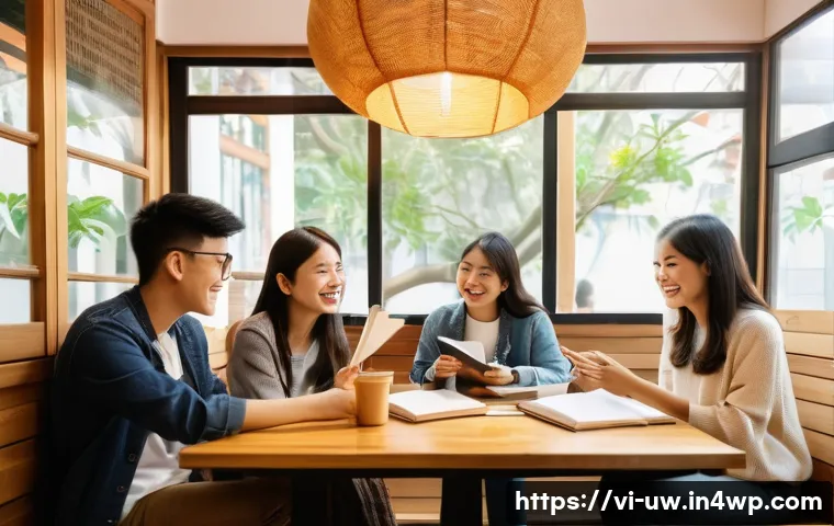 어휘력 발전을 위한 그룹 토론 기법 - A diverse group of Vietnamese young adults sitting around a wooden table in a cozy cafe, engaging in...