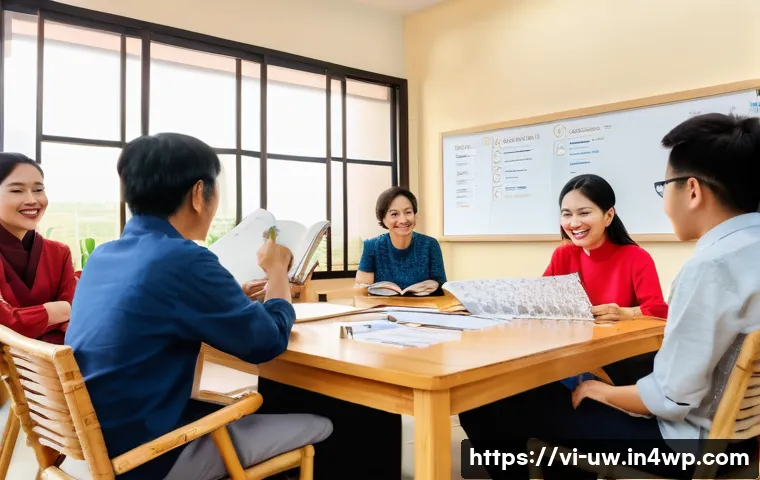 어휘력 증진을 위한 독서 클럽 운영 방법 - A cozy Vietnamese reading club scene in a modern community center with diverse adult members sitting...