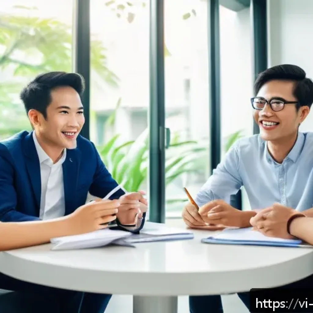 자기 표현을 위한 필수 어휘 목록 - A warm and inviting office meeting scene in Ho Chi Minh City, Vietnam, showing diverse young Vietnam...