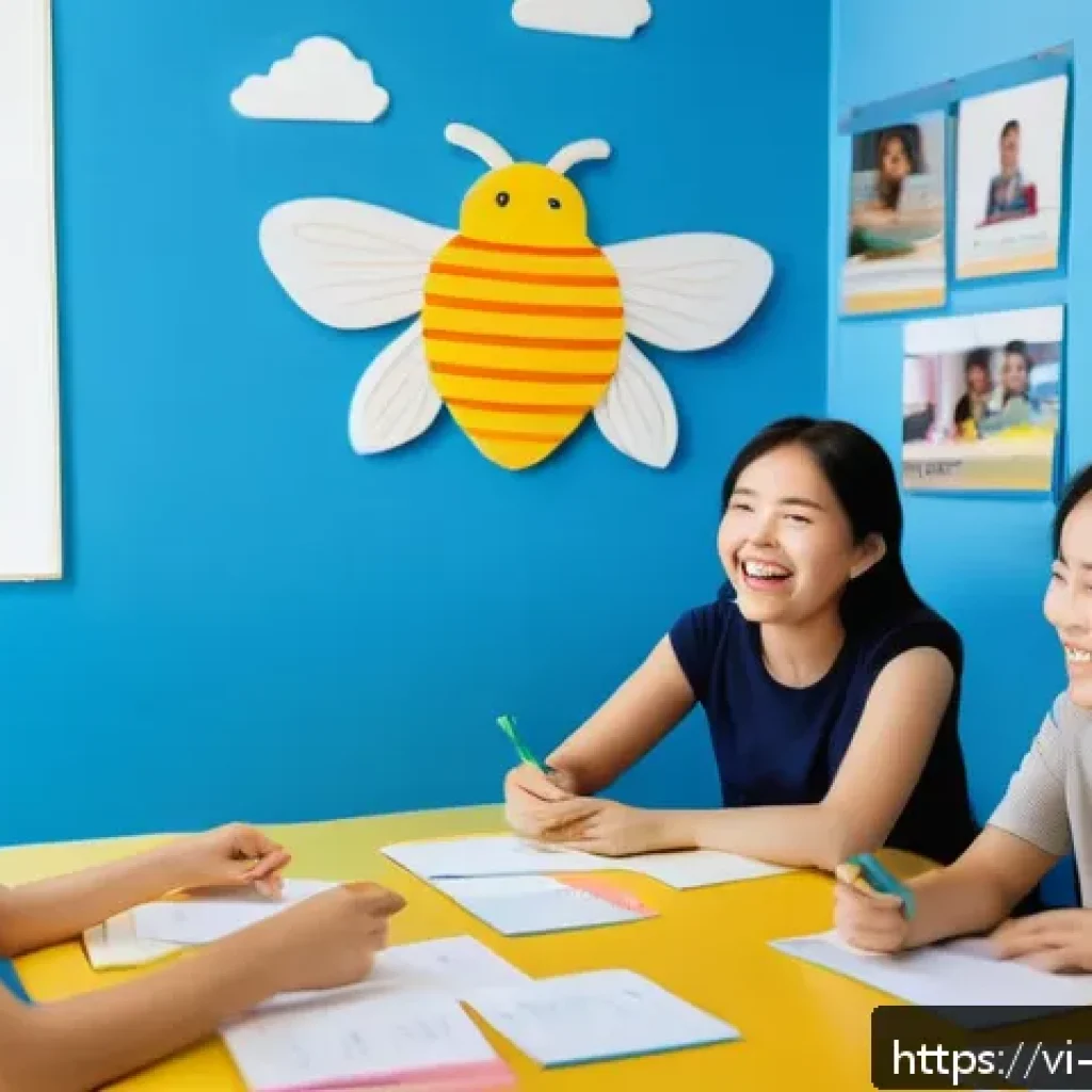 표현력 강화를 위한 자주 쓰는 문구 - A vibrant classroom scene in a Vietnamese language learning center, showing a diverse group of young...