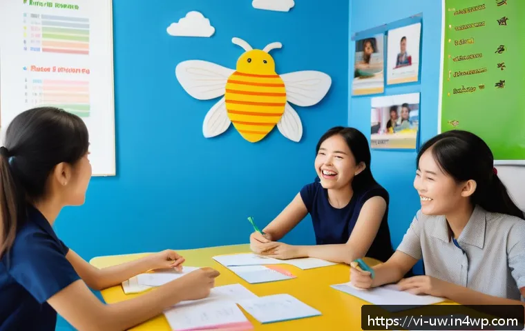 표현력 강화를 위한 자주 쓰는 문구 - A vibrant classroom scene in a Vietnamese language learning center, showing a diverse group of young...